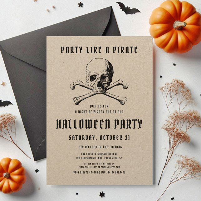 Vintages Piratenschädel und KnochenHalloween Einladung (Vintage Pirate Skull & Bones Halloween Invitation)