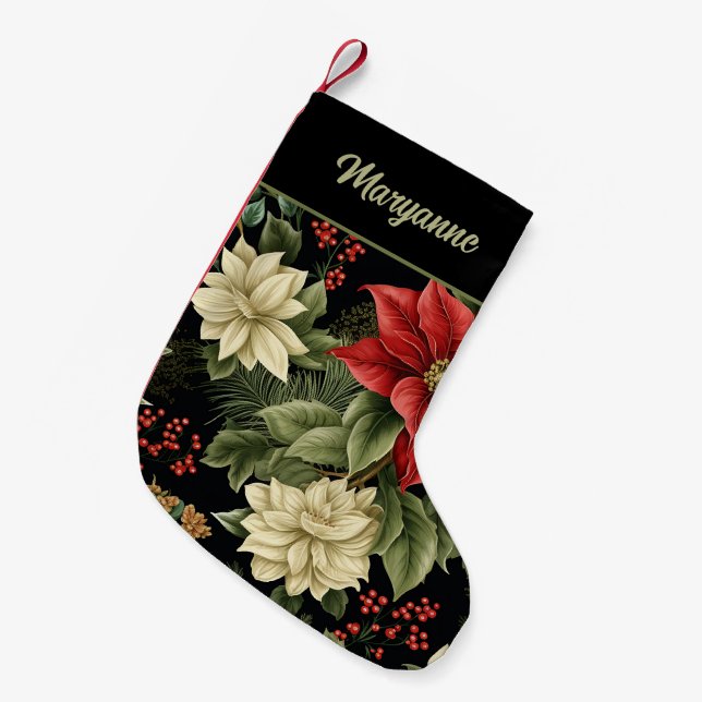 Vintages Poinsettia-Muster auf schwarz Kleiner Weihnachtsstrumpf (Vorderansicht (hängend))
