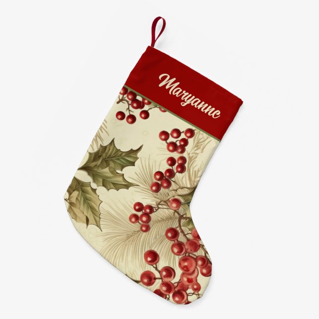 Vintages Poinsettia und Berries Muster Kleiner Weihnachtsstrumpf (Vorderansicht (hängend))
