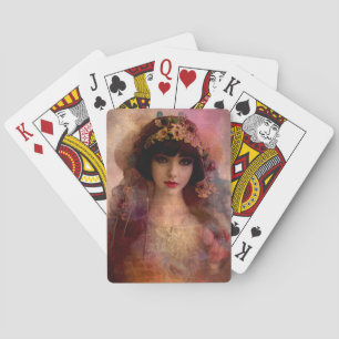 Vintages Portrait der schönen Frau in Rosa Spielkarten