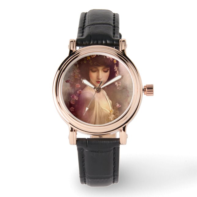 Vintages Portrait der wunderschönen Blumenweibchen Armbanduhr (Vorderseite)