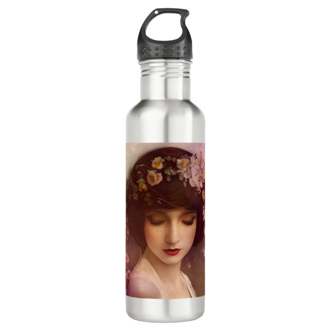 Vintages Portrait der wunderschönen Blumenweibchen Edelstahlflasche (Vorderseite)