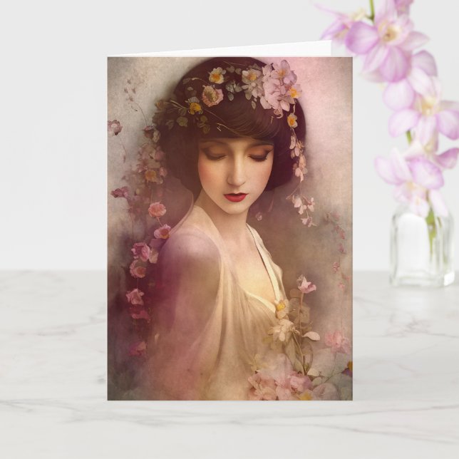 Vintages Portrait der wunderschönen Blumenweibchen Karte (Orchidee)