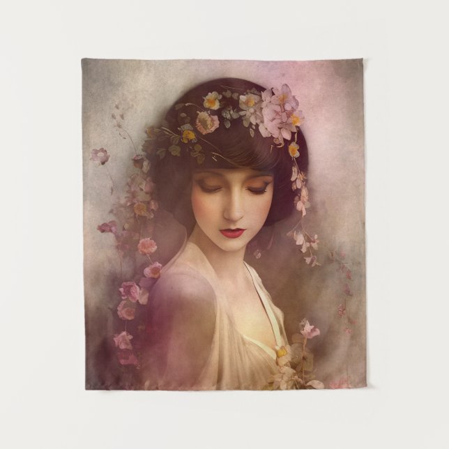 Vintages Portrait der wunderschönen Blumenweibchen Wandteppich (Vorderseite)