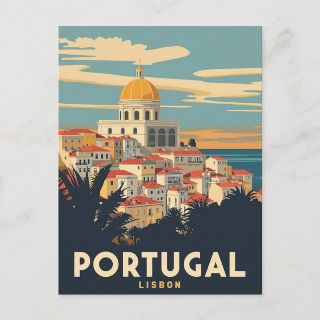 Vintages Portugal Reiseplakat - Lissabon Stadtbild Postkarte (Vorderseite)
