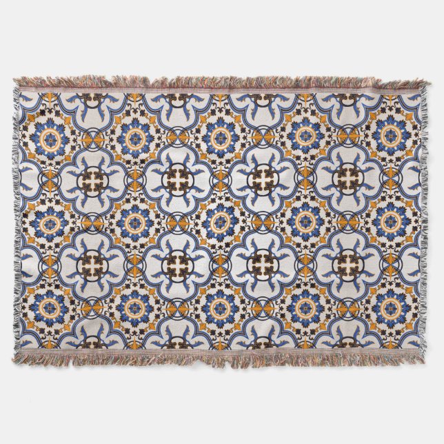 Vintages portugiesisches Azulejo-Blaugelbes Muster Decke (Vorderseite)