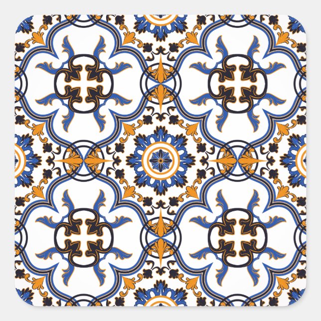 Vintages portugiesisches Azulejo-Blaugelbes Muster Quadratischer Aufkleber (Vorderseite)