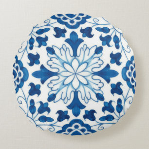 Vintages portugiesisches Blaues Azulejos-Baumuster Rundes Kissen