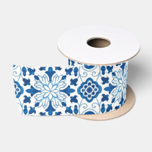 Vintages portugiesisches Blaues Azulejos-Baumuster Satinband