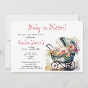 Vintages Pram Baby in Bloom Baby Dusche Einladung
