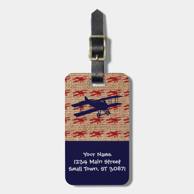 Vintages Propellerflugzeug auf Burlap Print Gepäckanhänger (Vorderseite vertikal)