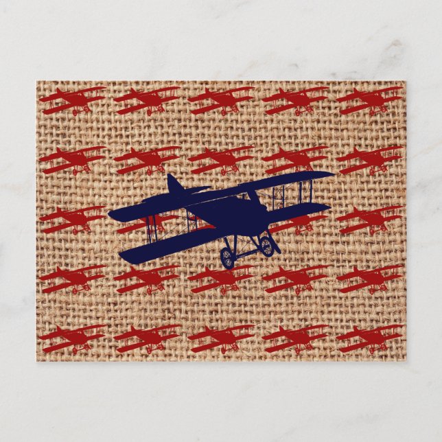 Vintages Propellerflugzeug auf Burlap Print Postkarte (Vorderseite)