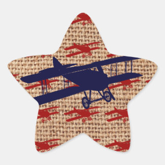 Vintages Propellerflugzeug auf Burlap Print Stern-Aufkleber