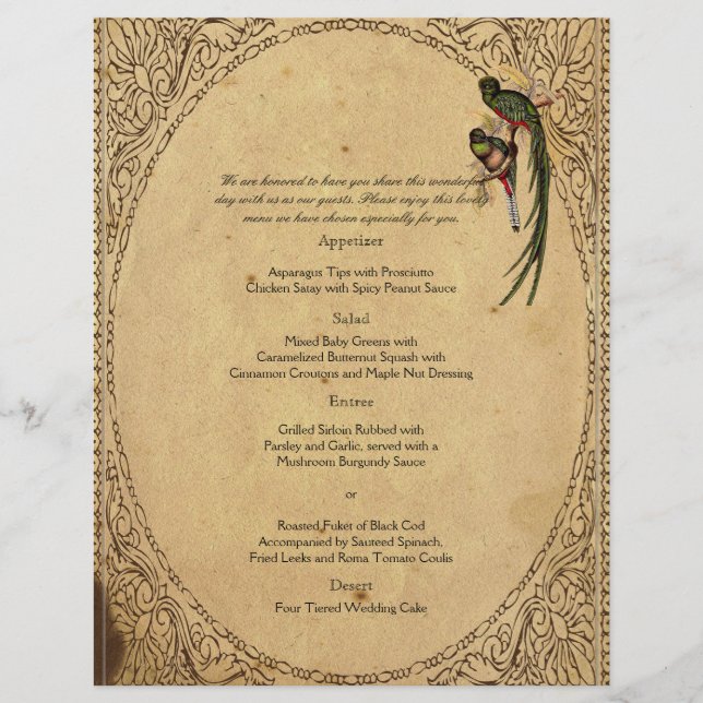 Vintages Quetzal Bird Elegante Wedding Menu (Vorderseite)