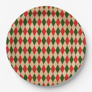 Vintages Red & Green Harlequin-Muster Pappteller
