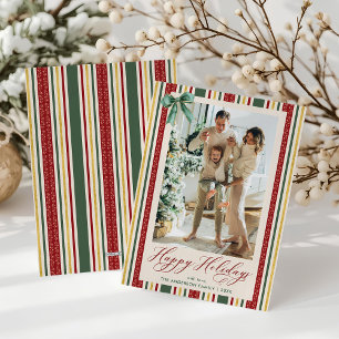 Vintages Red Green Stripes Bow Happy Holidays Foto Feiertagskarte