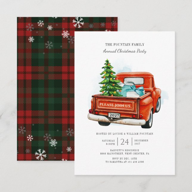 Vintages Red Truck Weihnachtsbaum Party Mitteilungskarte (Vorne/Hinten)