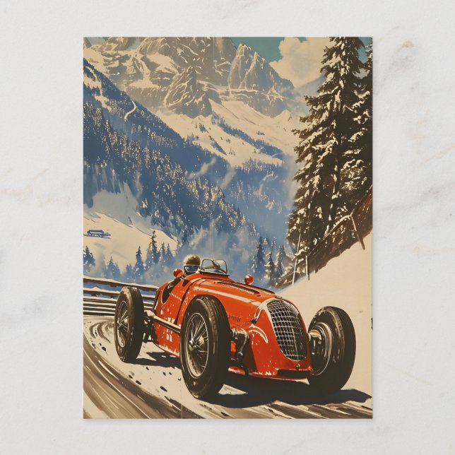 Vintages Rennauto in den Alpen Postkarte (Vorderseite)