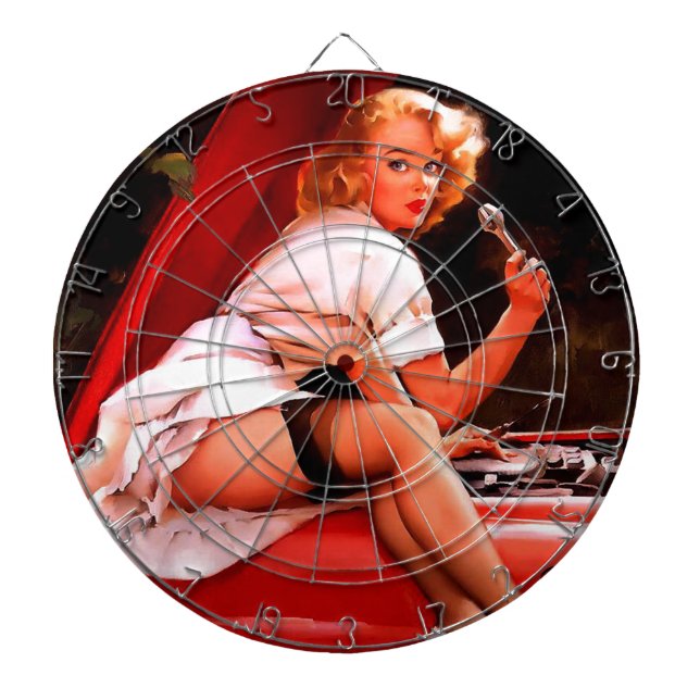 Vintages Retro Car Mechanisches Pinup Girl Dartscheibe (vorne)