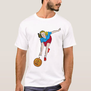 Vintages Retro Halloween-Kürbis-Bowlings-Mädchen T-Shirt