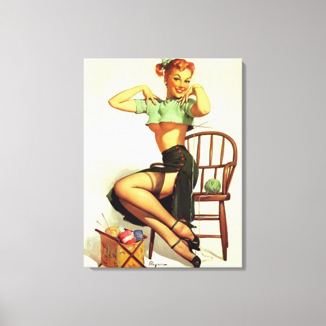 Vintages Retro-Knitter Button Up Girl Leinwanddruck (Vorderseite)