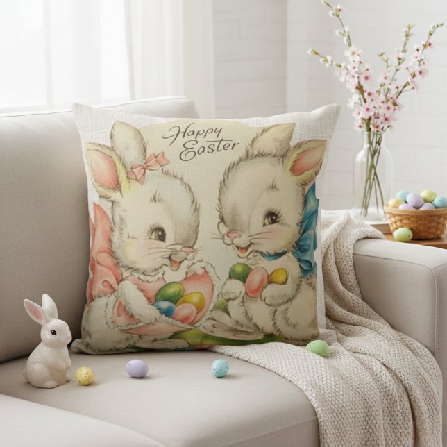 Vintages Retro Ostersonnenpaar Kissen (Vintage Happy Easter Bunnies With Easter Eggs Throw Pillow)