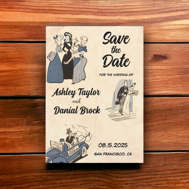 Vintages Retro Romantisches Comic Hochzeit Sichern Einladung (Von Creator hochgeladen)