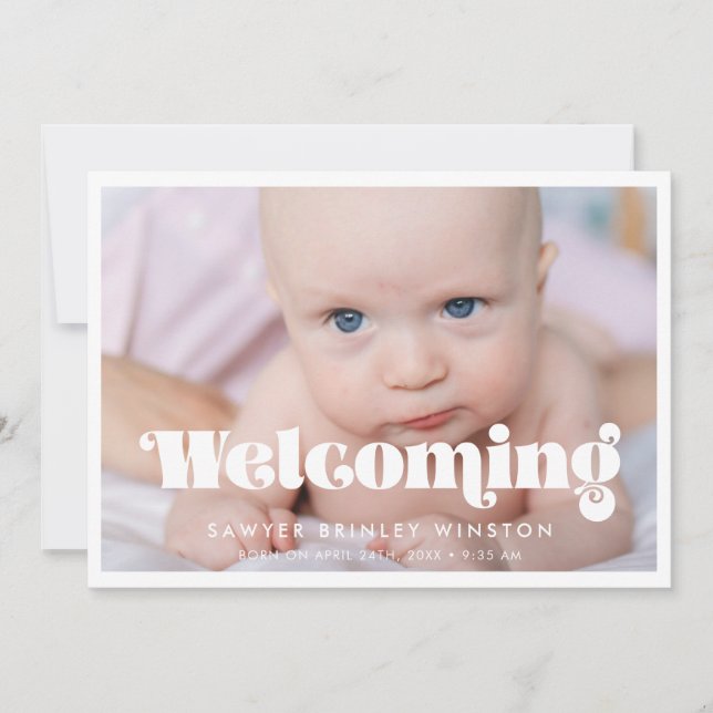 Vintages Retro-Skript Begrüßung von Baby-Foto Ankündigung (Vorderseite)