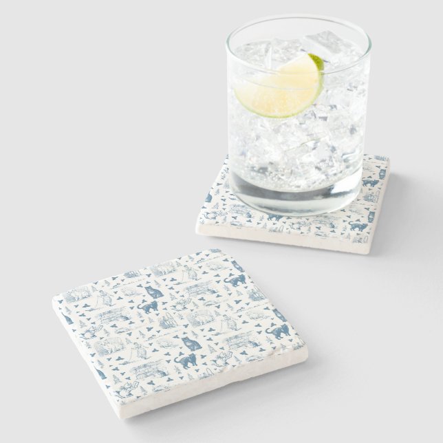 Vintages Retro Toile Muster Katze Katze blau Steinuntersetzer (Seitenansicht)