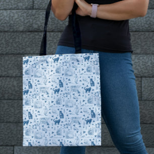 Vintages Retro Toile Muster Katze Katze blau Tasche