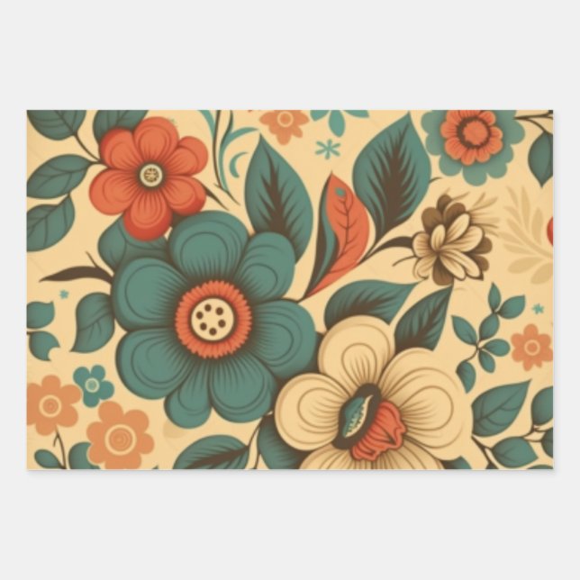 Vintages Retrodesign Blütenpastellfarben Geschenkpapier Set (Vorderseite)