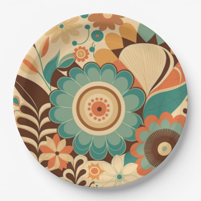 Vintages Retrodesign florbraunes Beizgrün Pappteller (Vorderseite)