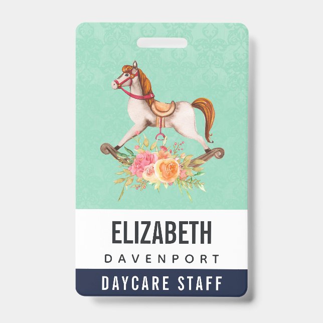 Vintages Rockpferd mit Blumenstrauß Ausweis (Vorderseite)