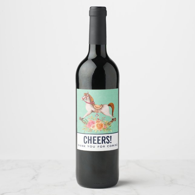 Vintages Rockpferd mit Blumenstrauß Danke Weinetikett (Vorderseite)