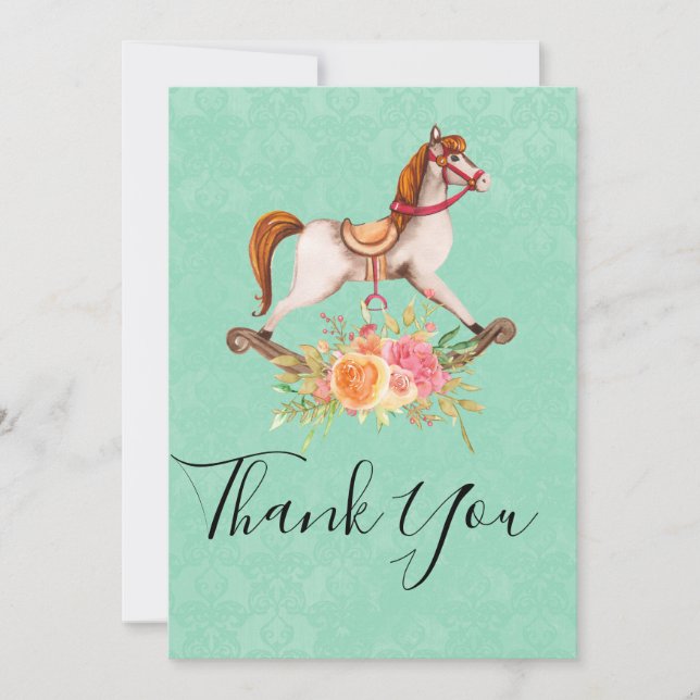 Vintages Rockpferd mit Blumenstrauß Dankeskarte (Vorderseite)