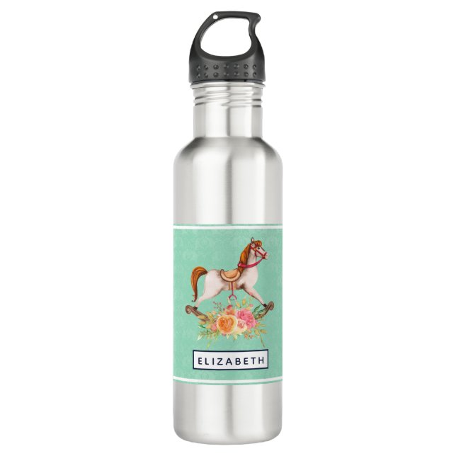 Vintages Rockpferd mit Blumenstrauß Edelstahlflasche (Vorderseite)