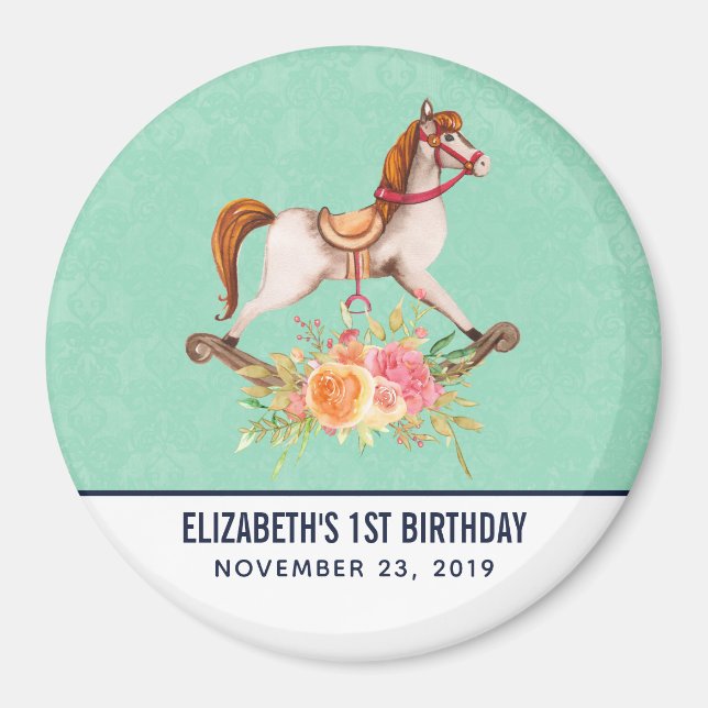 Vintages Rockpferd mit Blumenstrauß Geburtstag Magnet (Vorne)