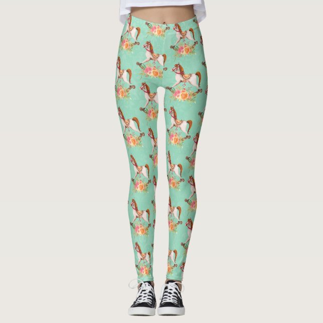 Vintages Rockpferd mit Blumenstrauß Leggings (Vorderseite)