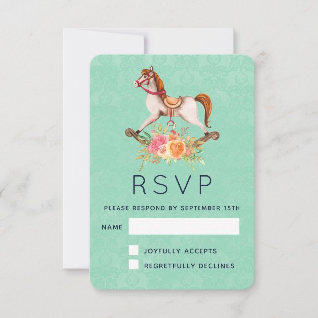 Vintages Rockpferd mit Blumenstrauß RSVP Karte (Vorderseite)