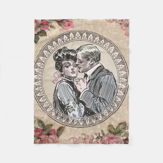 Vintages romanisches Paar: Antike Rose Girly Liebe Fleecedecke (Vorderseite)
