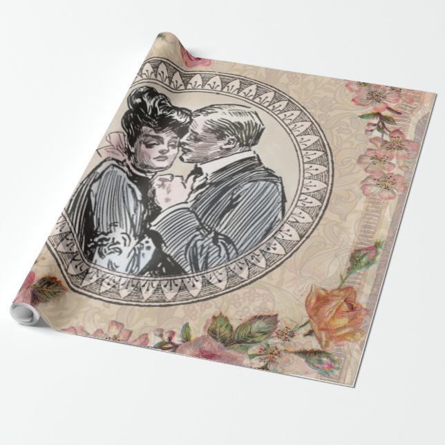 Vintages romanisches Paar: Antike Rose Girly Liebe Geschenkpapier (Ungerollt)
