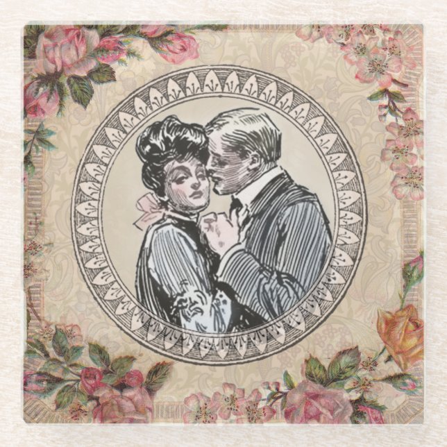 Vintages romanisches Paar: Antike Rose Girly Liebe Glasuntersetzer (Vorderseite)