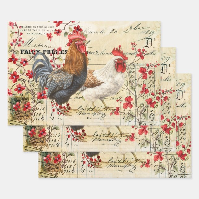 Vintages Rooster und Hen Ephemera Geschenkpapier Set (Set)