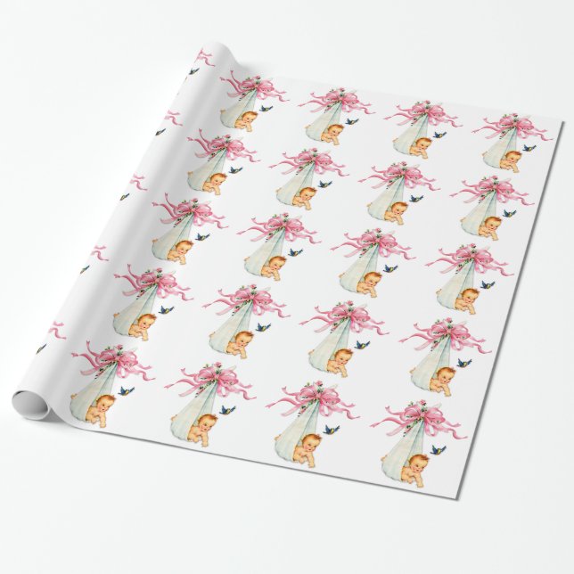 Vintages rosa Babyduschpapier Geschenkpapier (Ungerollt)
