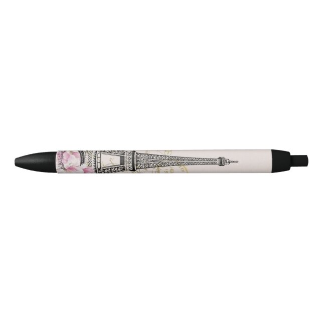 Vintages rosa Blumen, hina Muster-Eiffel-Turm Kugelschreiber (Vorderseite)