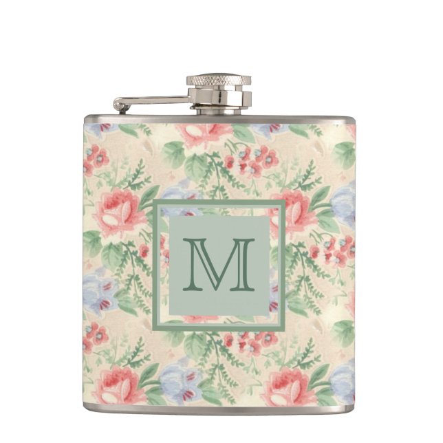 Vintages rosa Blumenmuster Personalisiert Flachmann (Vorderseite)