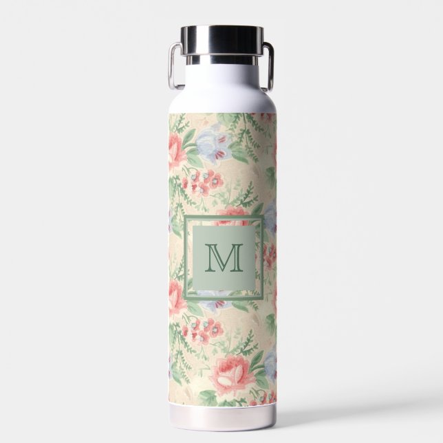Vintages rosa Blumenmuster Personalisiert Trinkflasche (Vorne)