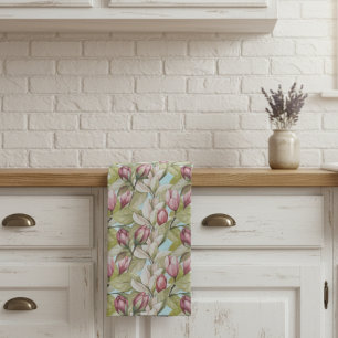 Vintages rosa Blumenmuster und Leaf-Muster Geschirrtuch