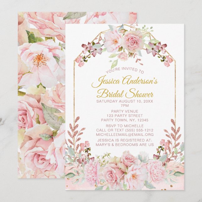 Vintages Rosa-Gold-Brautparty Einladung (Vorne/Hinten)