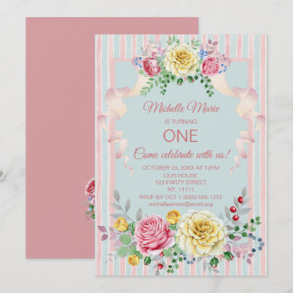 Vintages rosa Mit Blumenblau-erster Geburtstag Einladung